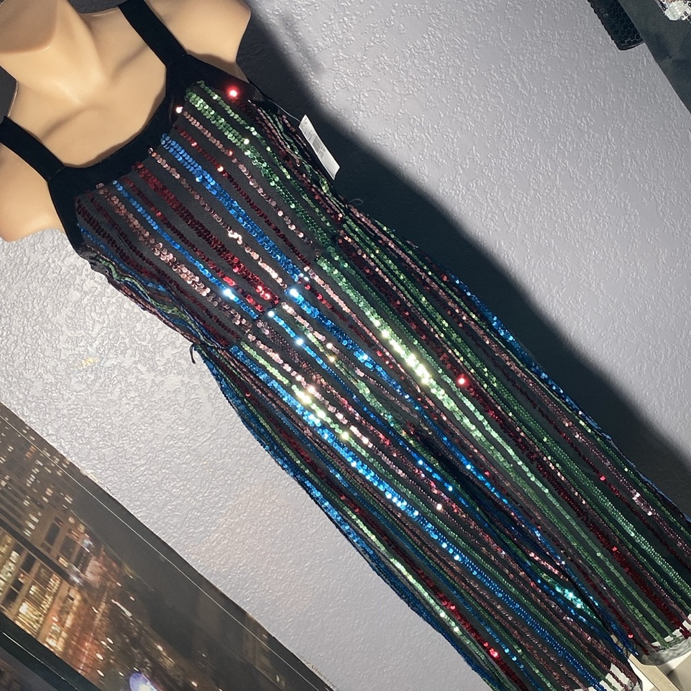 KNIT WORKS - NWT - jumpsuit: black lined mesh w 🌈 sequins & velvet straps - 16